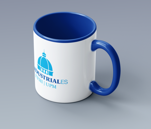 Taza de cerámica blanca con logo de ETSII con interior y asa de color azul