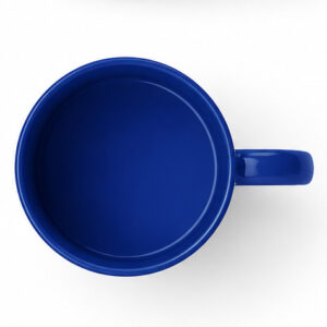 Taza blanca con asa e interior azul, con logotipo de Industriales ETSII UPM en azul sobre fondo blanco.