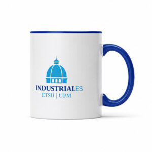 Taza blanca con asa e interior azul, con logotipo de Industriales ETSII UPM en azul sobre fondo blanco.