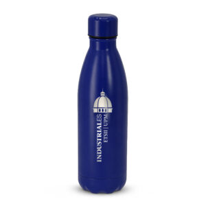 Botella térmica azul de acero inoxidable con logo de Industriales ETSII UPM sobre fondo blanco.