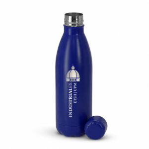 Botella térmica azul de acero inoxidable con logo de Industriales ETSII UPM sobre fondo blanco.