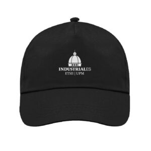 Gorra negra ETSII de algodón con cierre ajustable y diseño de 5 paneles.
