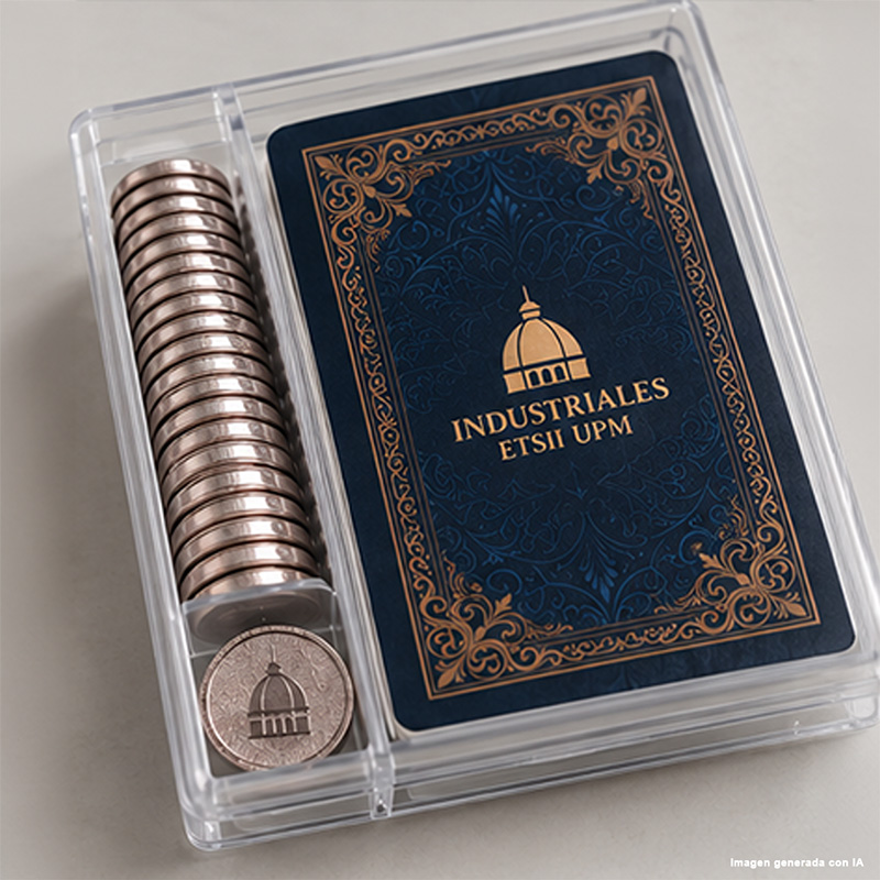 BARAJA EN CAJA CON MONEDAS ETSII Cartas de la baraja ETSII con ilustraciones inspiradas en la Ingeniería Industrial, incluyendo engranajes y herramientas.