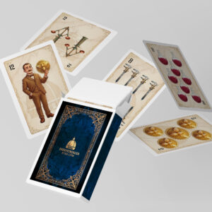 Cartas de la baraja ETSII con ilustraciones inspiradas en la Ingeniería Industrial, incluyendo engranajes y herramientas.