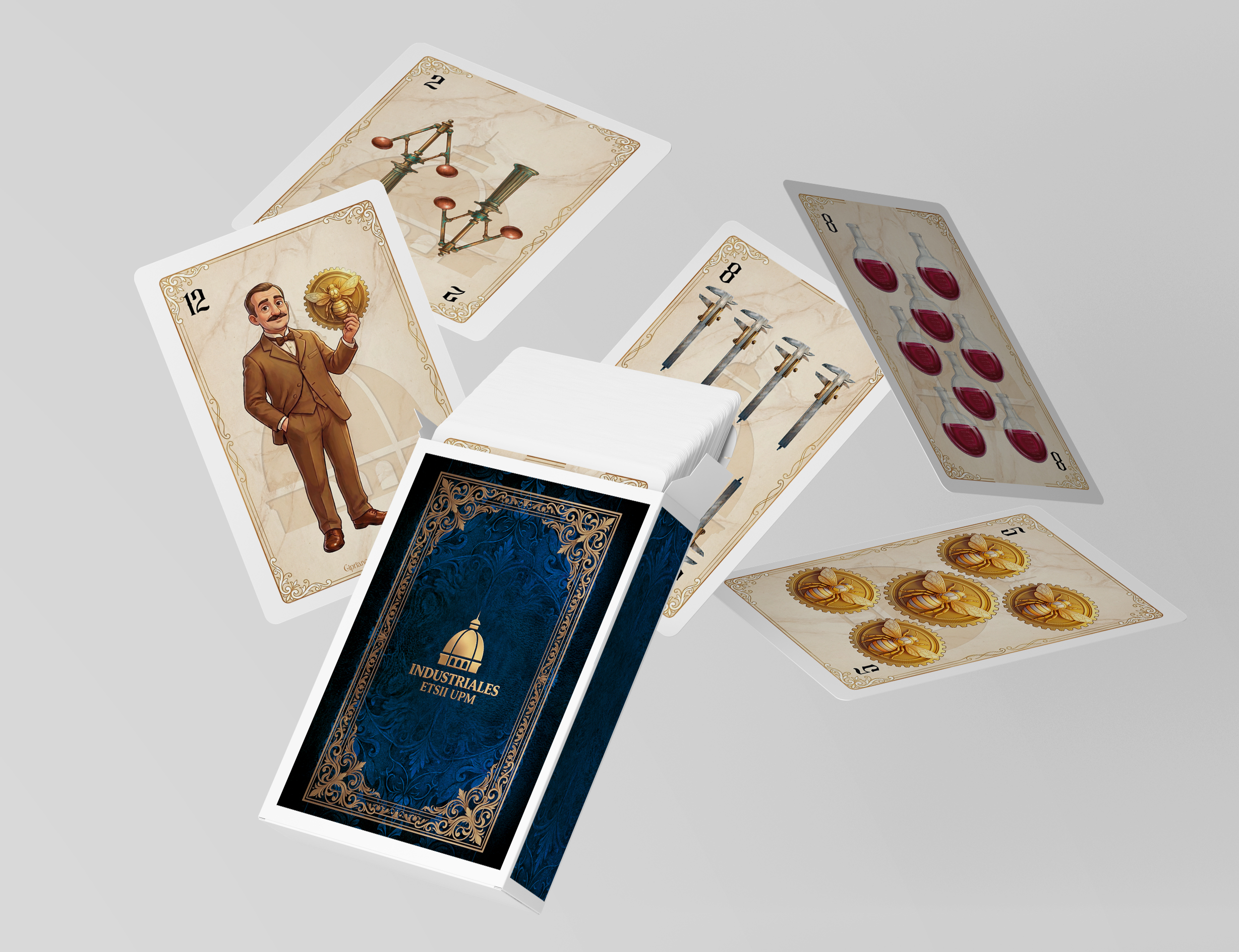 Baraja de cartas ETSII Cartas de la baraja ETSII con ilustraciones inspiradas en la Ingeniería Industrial, incluyendo engranajes y herramientas.